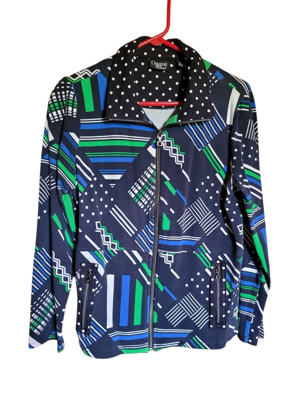 Onque Casual Navy Geometric Zip-Front Jacket